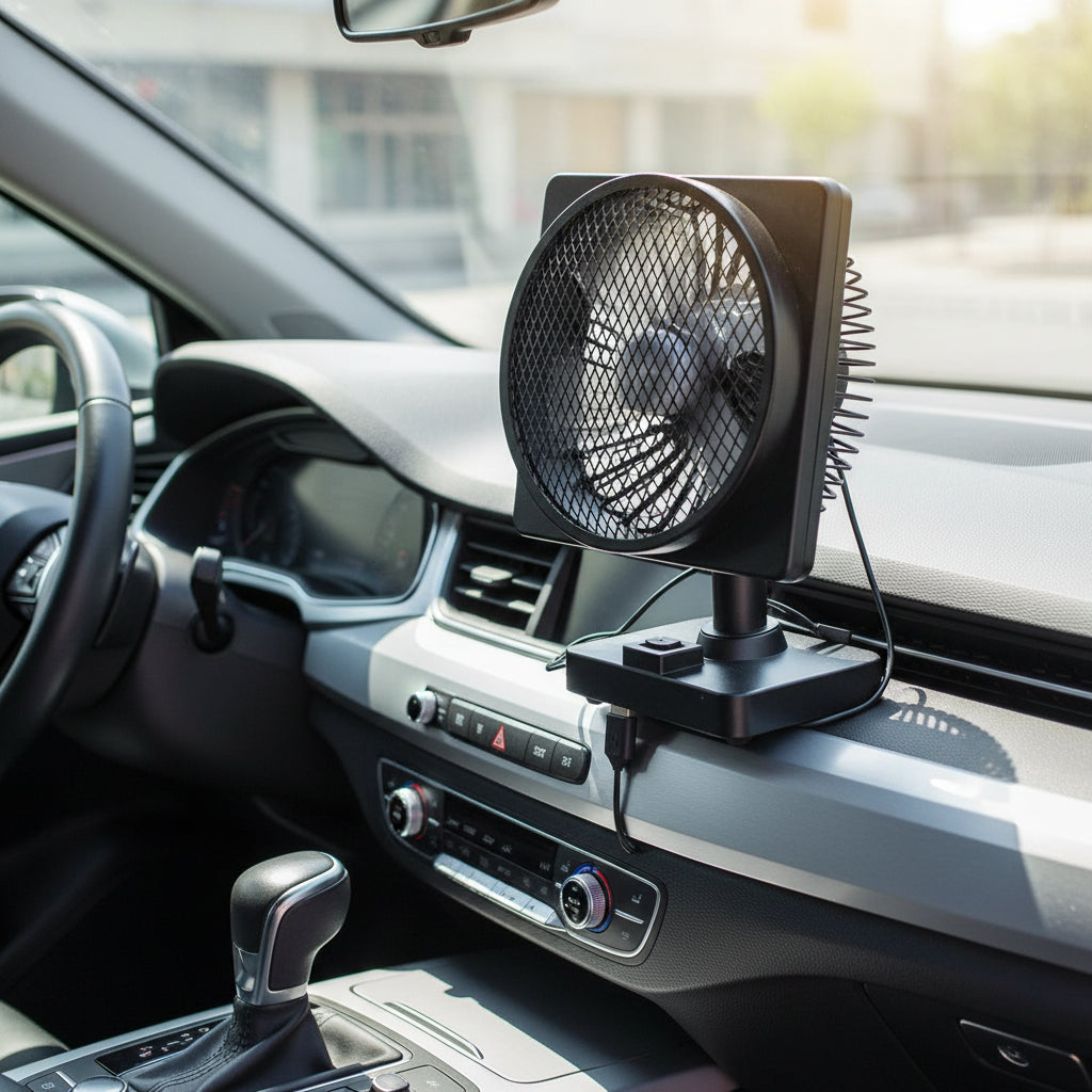 Přenosný USB ventilátor do auta pro chlazení vzduchu na cestách