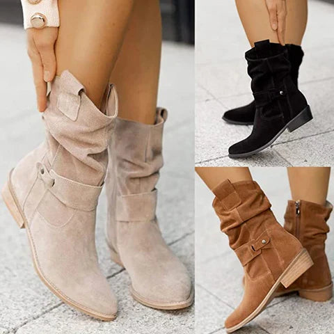 Elara Low Heel Ankle Boots With Suede Finish For Classic Style
