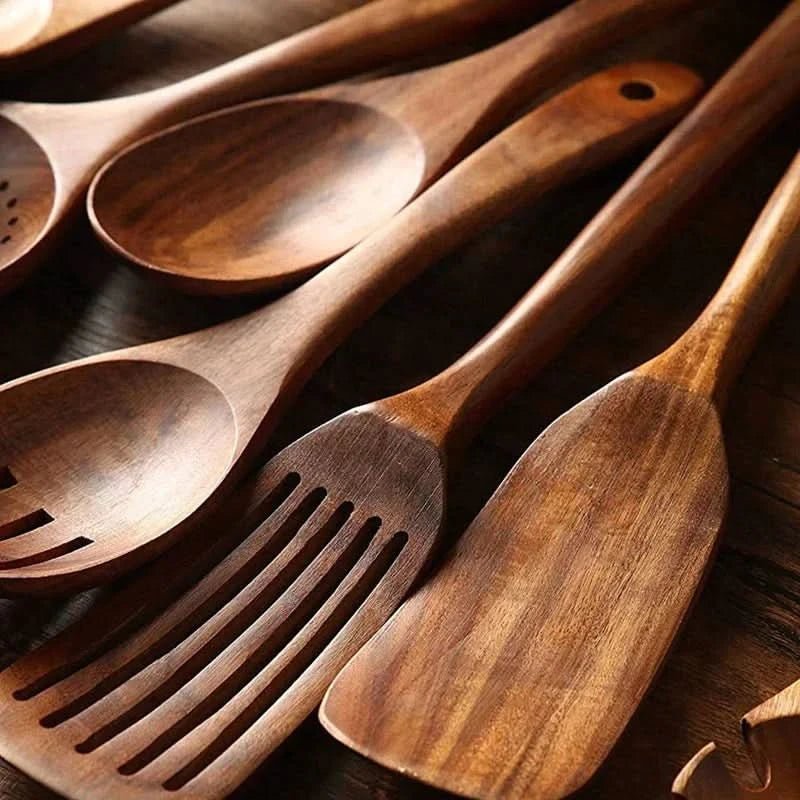Teak Kitchen Utensil Set For Elegant Cooking In Modern Kitchen