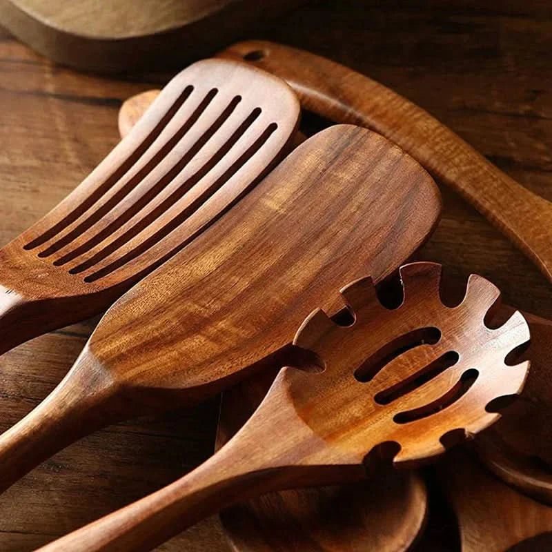 Teak Kitchen Utensil Set For Elegant Cooking In Modern Kitchen