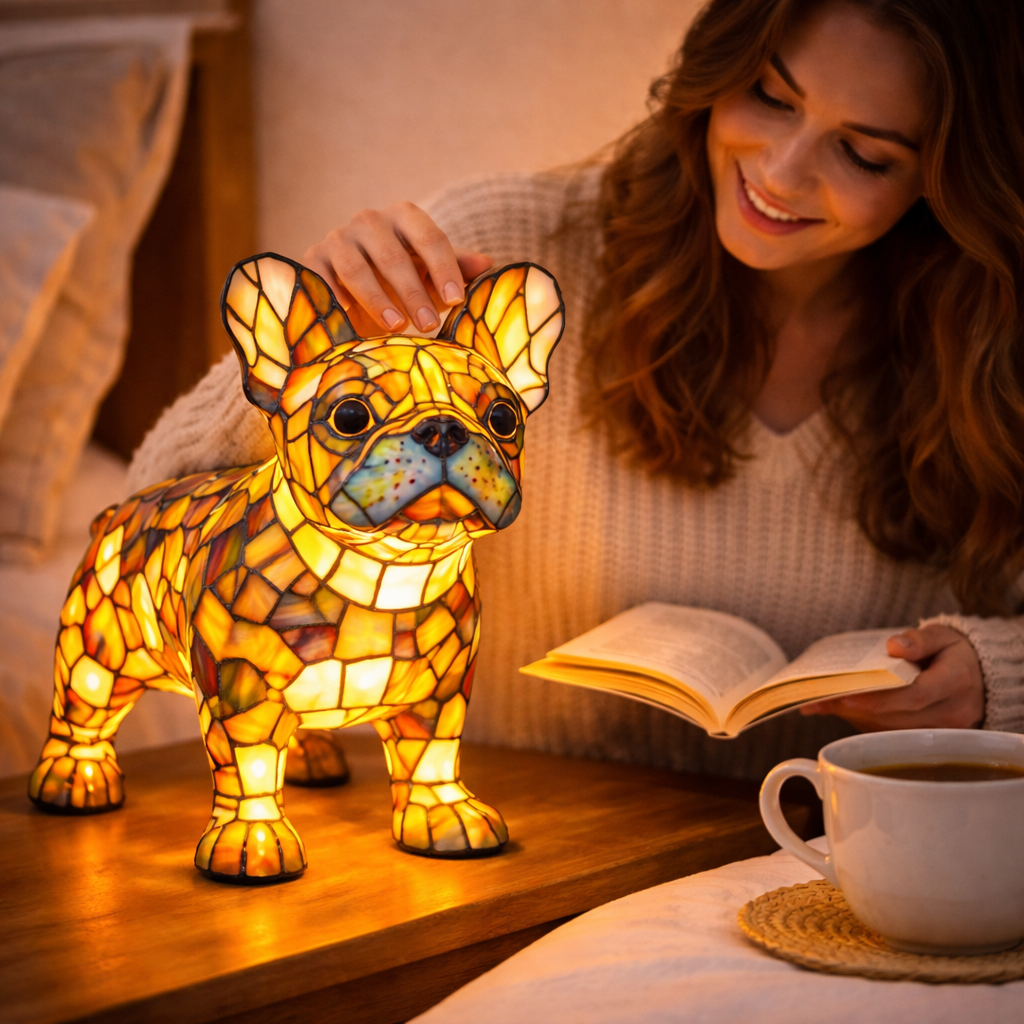 Candeeiro de Mesa em Vitral com Design de Cão e Luz Noturna LED para Quarto