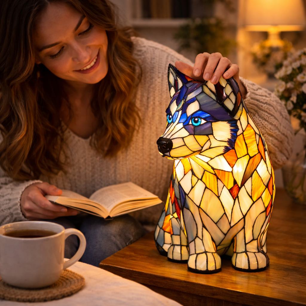 Candeeiro de Mesa em Vitral com Design de Cão e Luz Noturna LED para Quarto