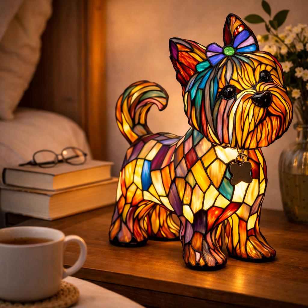 Candeeiro de Mesa em Vitral com Design de Cão e Luz Noturna LED para Quarto