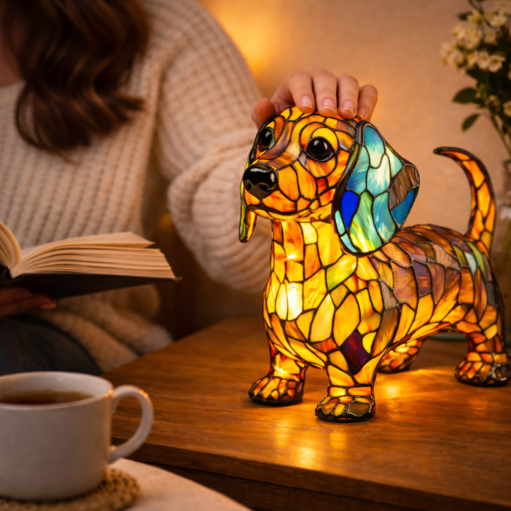 Candeeiro de Mesa em Vitral com Design de Cão e Luz Noturna LED para Quarto