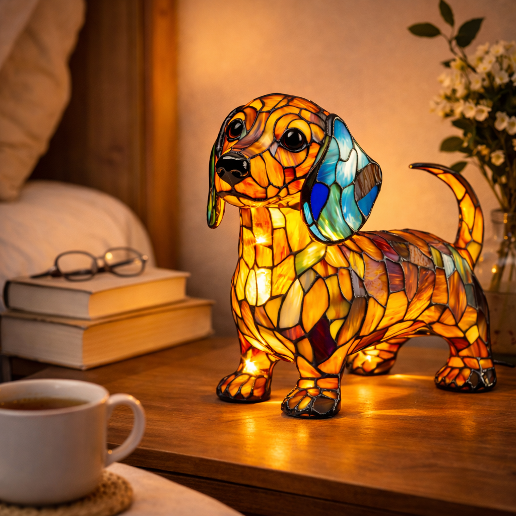 Candeeiro de Mesa em Vitral com Design de Cão e Luz Noturna LED para Quarto