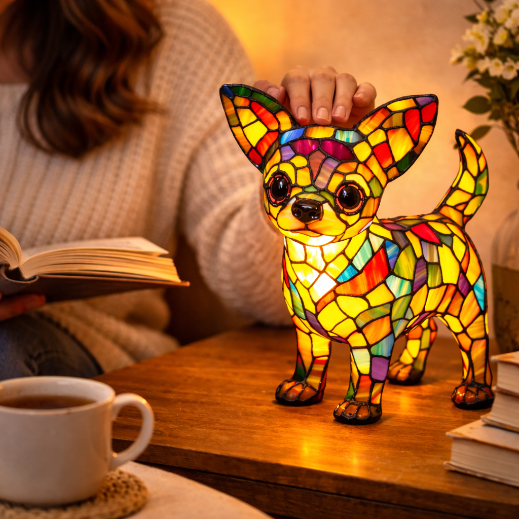 Candeeiro de Mesa em Vitral com Design de Cão e Luz Noturna LED para Quarto