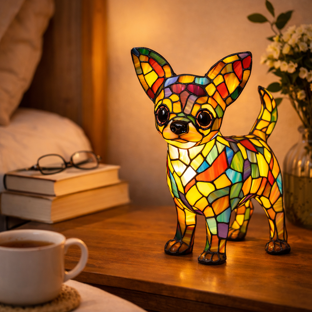 Candeeiro de Mesa em Vitral com Design de Cão e Luz Noturna LED para Quarto