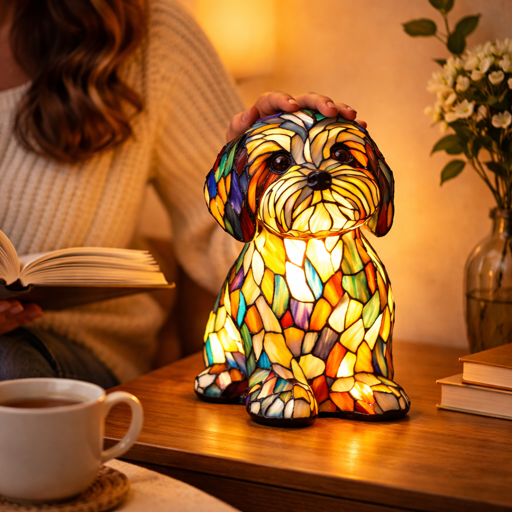 Candeeiro de Mesa em Vitral com Design de Cão e Luz Noturna LED para Quarto