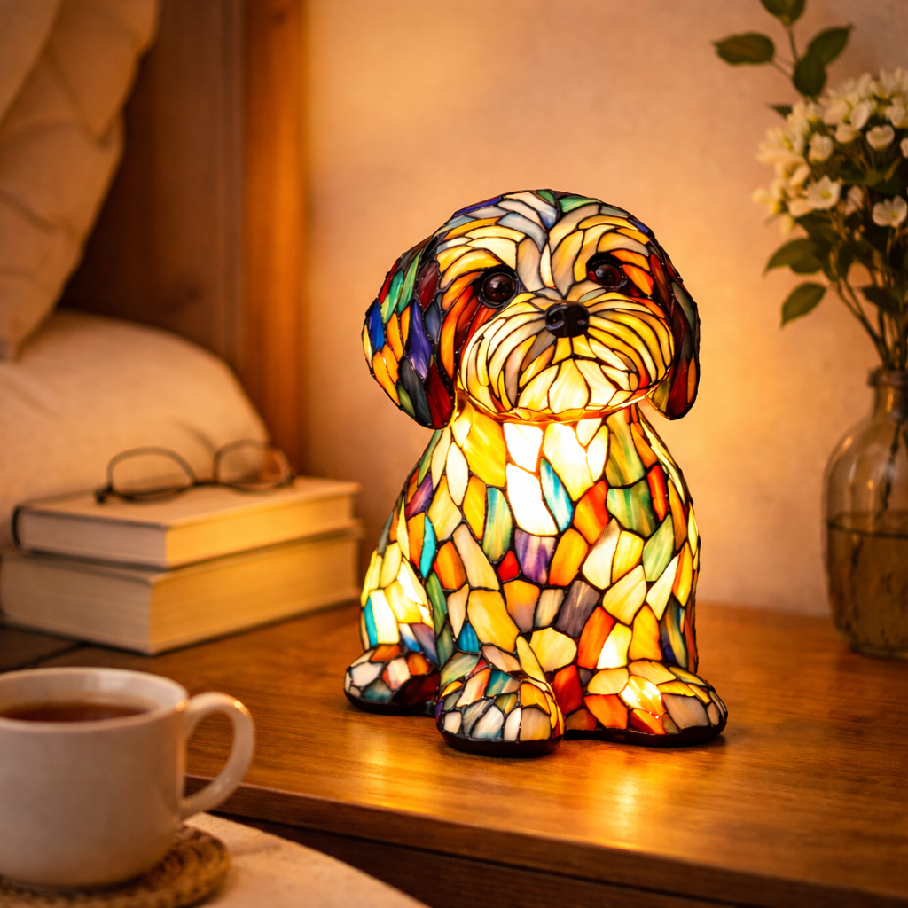 Candeeiro de Mesa em Vitral com Design de Cão e Luz Noturna LED para Quarto