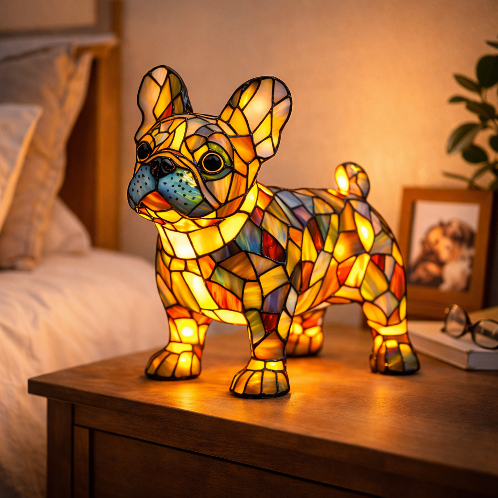 Candeeiro de Mesa em Vitral com Design de Cão e Luz Noturna LED para Quarto