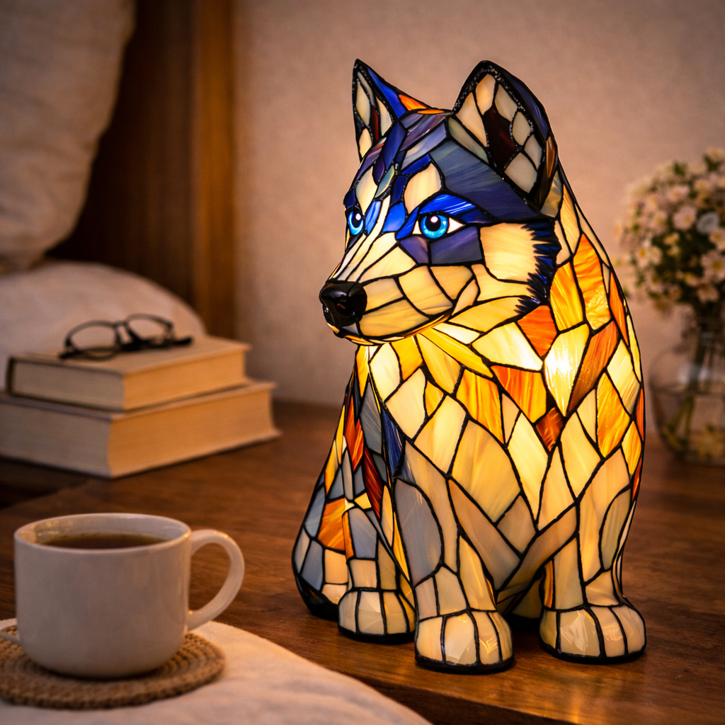 Candeeiro de Mesa em Vitral com Design de Cão e Luz Noturna LED para Quarto