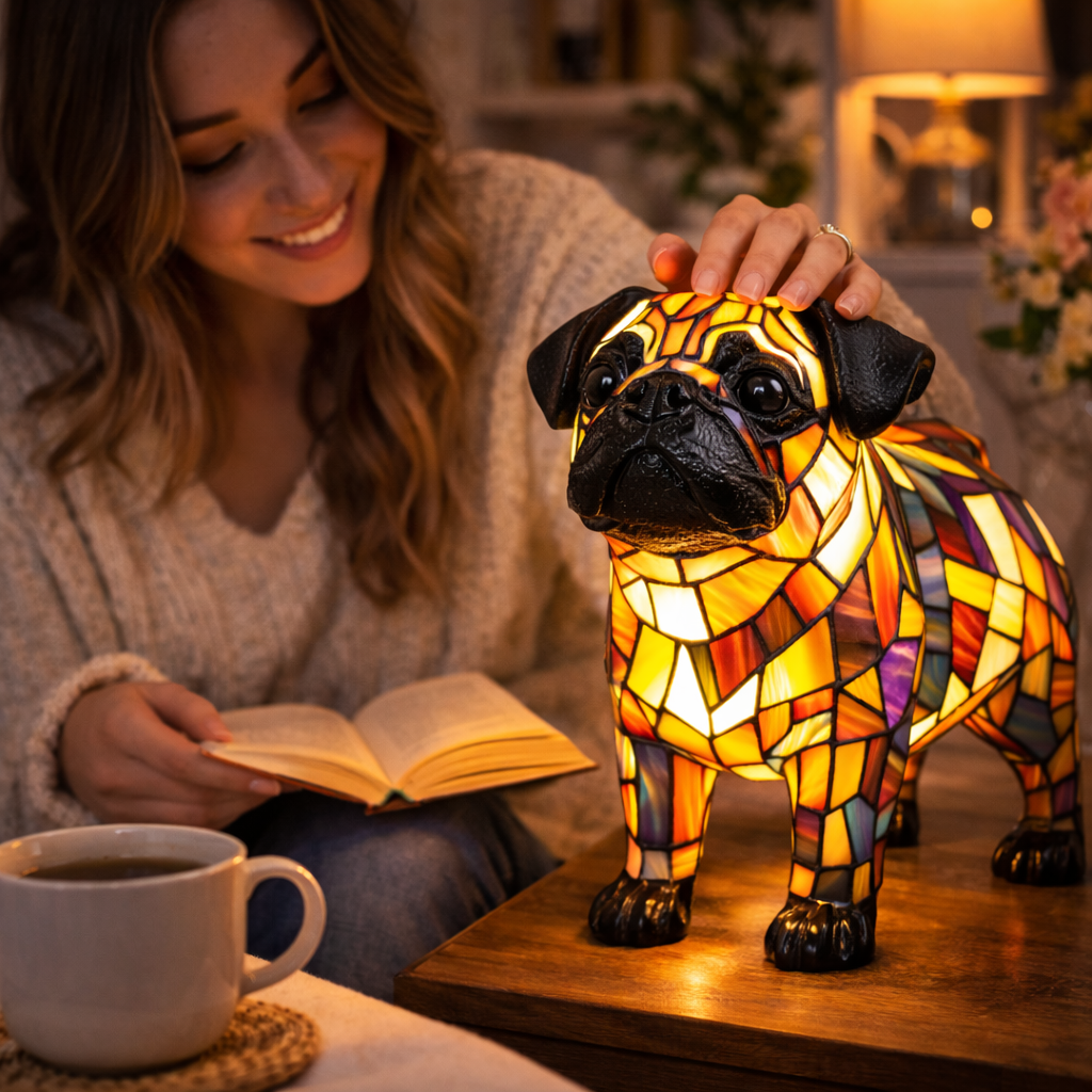 Candeeiro de Mesa em Vitral com Design de Cão e Luz Noturna LED para Quarto