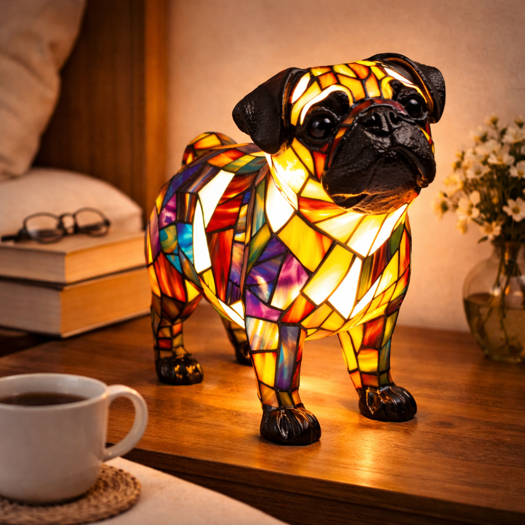 Candeeiro de Mesa em Vitral com Design de Cão e Luz Noturna LED para Quarto