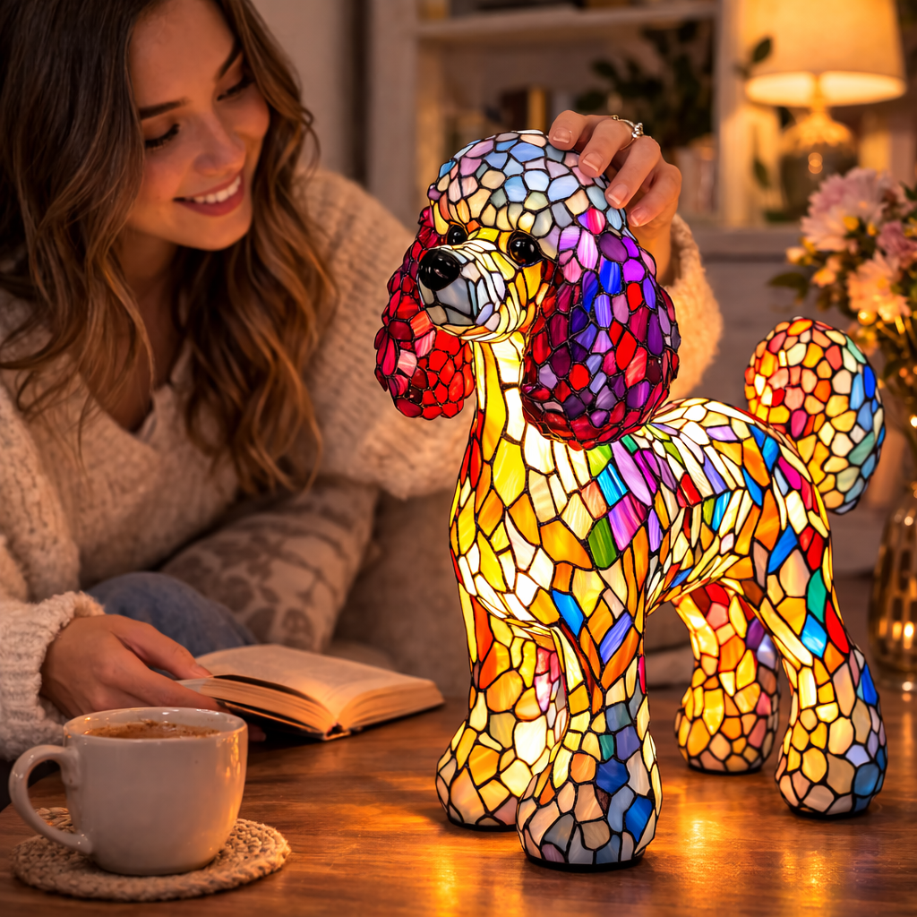 Candeeiro de Mesa em Vitral com Design de Cão e Luz Noturna LED para Quarto