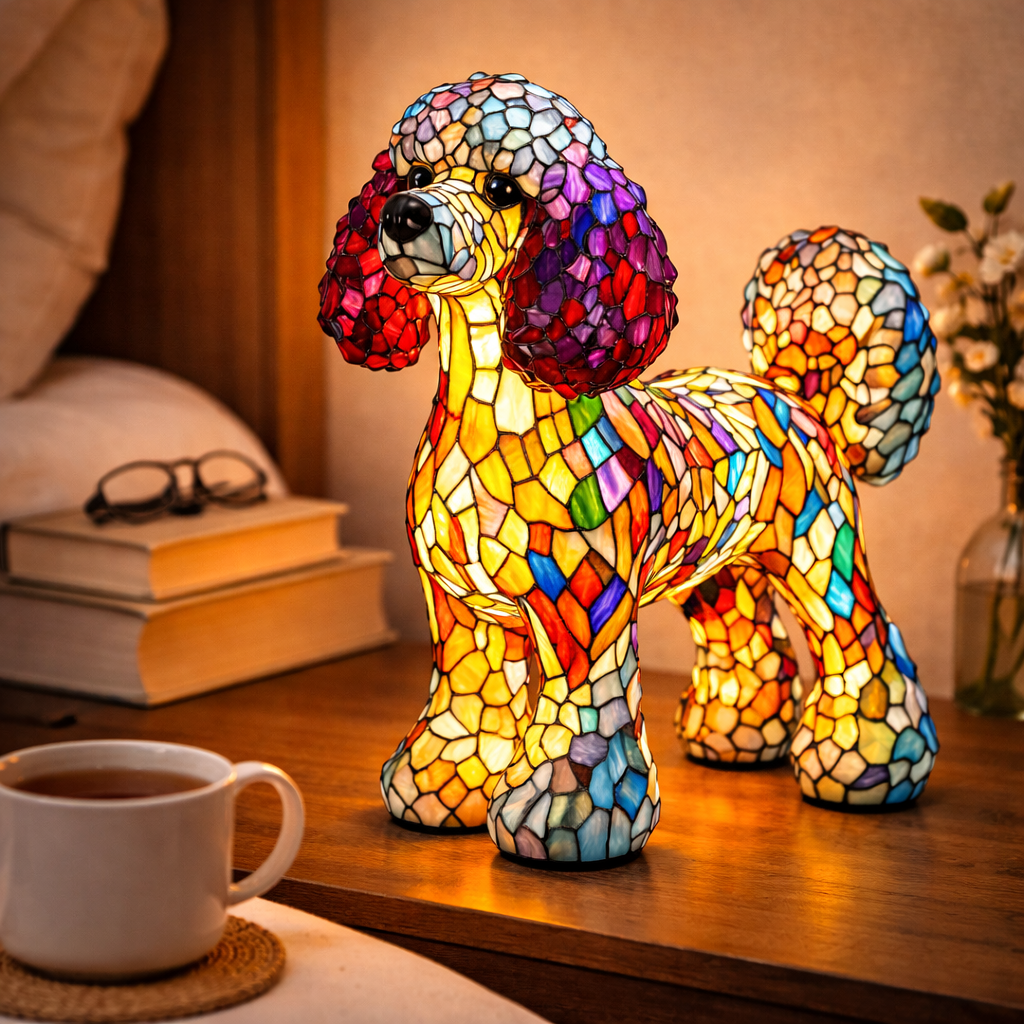 Lampa ve stylu vitráže se psem s LED nočním světlem do ložnice a na stůl