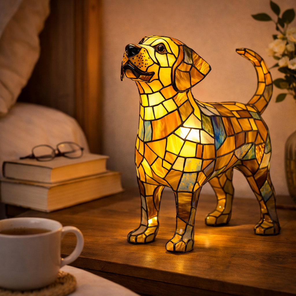 Lampa ve stylu vitráže se psem s LED nočním světlem do ložnice a na stůl