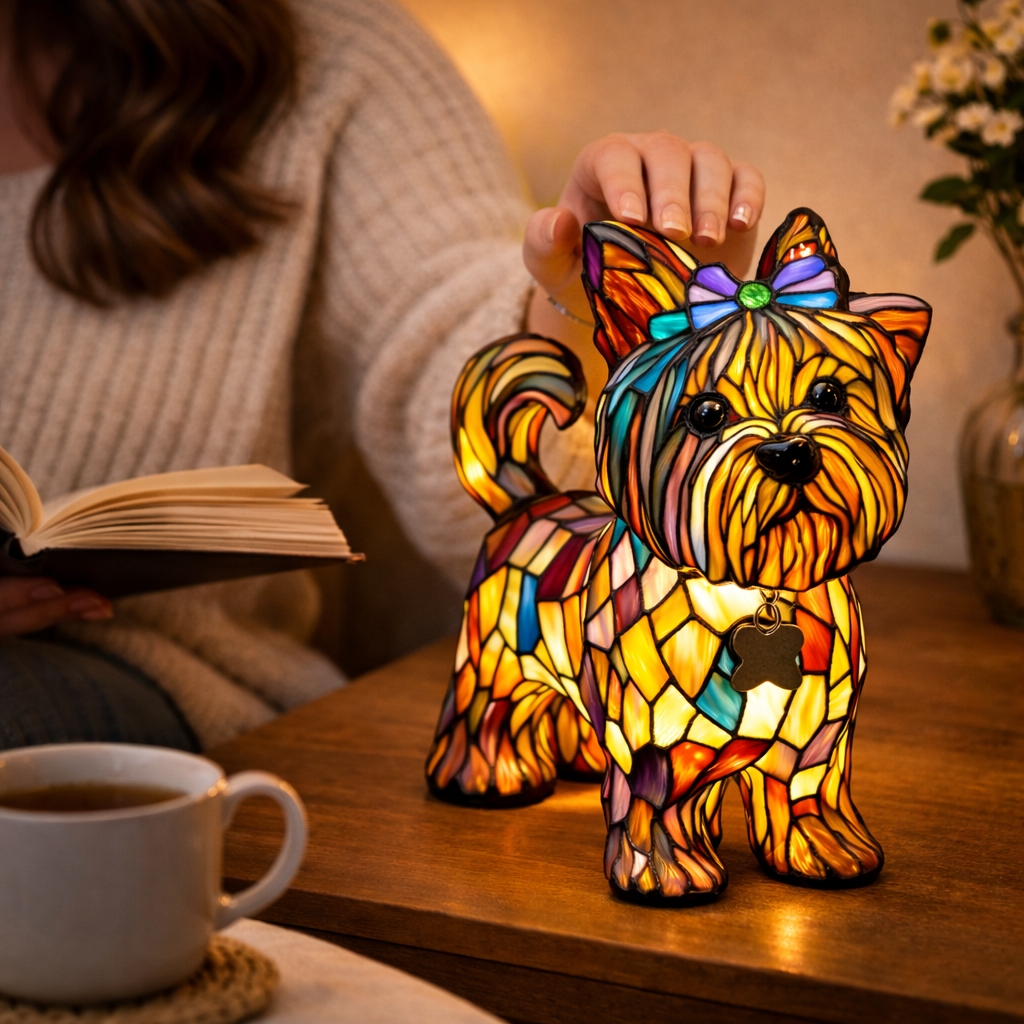 Candeeiro de Mesa em Vitral com Design de Cão e Luz Noturna LED para Quarto