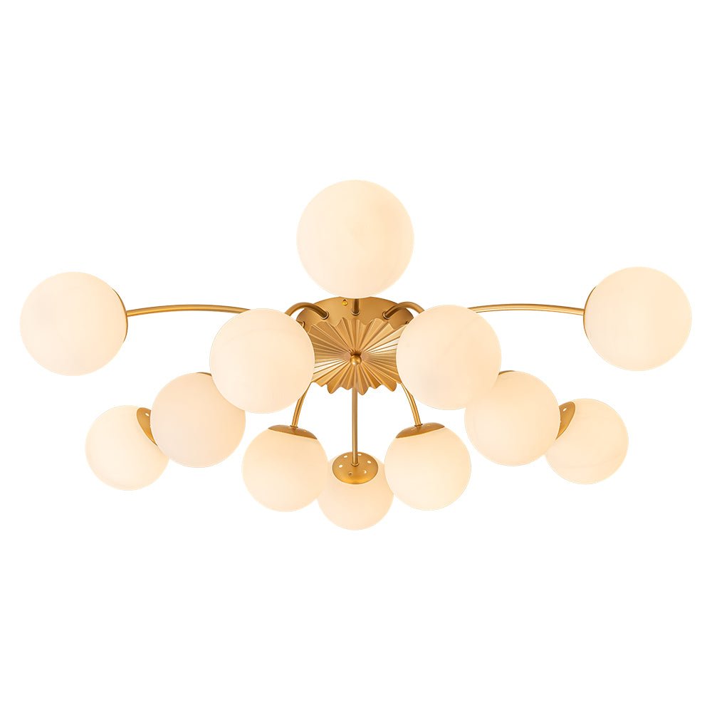 Sputnik Brass Ceiling Light For Living Room With Opal Glass Globes 12 Light Dimmable