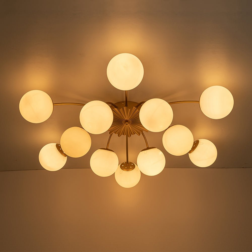 Sputnik Brass Ceiling Light For Living Room With Opal Glass Globes 12 Light Dimmable