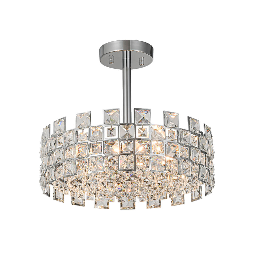Lámpara de techo con tambor de cristal, 4 luces, acabado en latón cromado, regulable para sala de estar