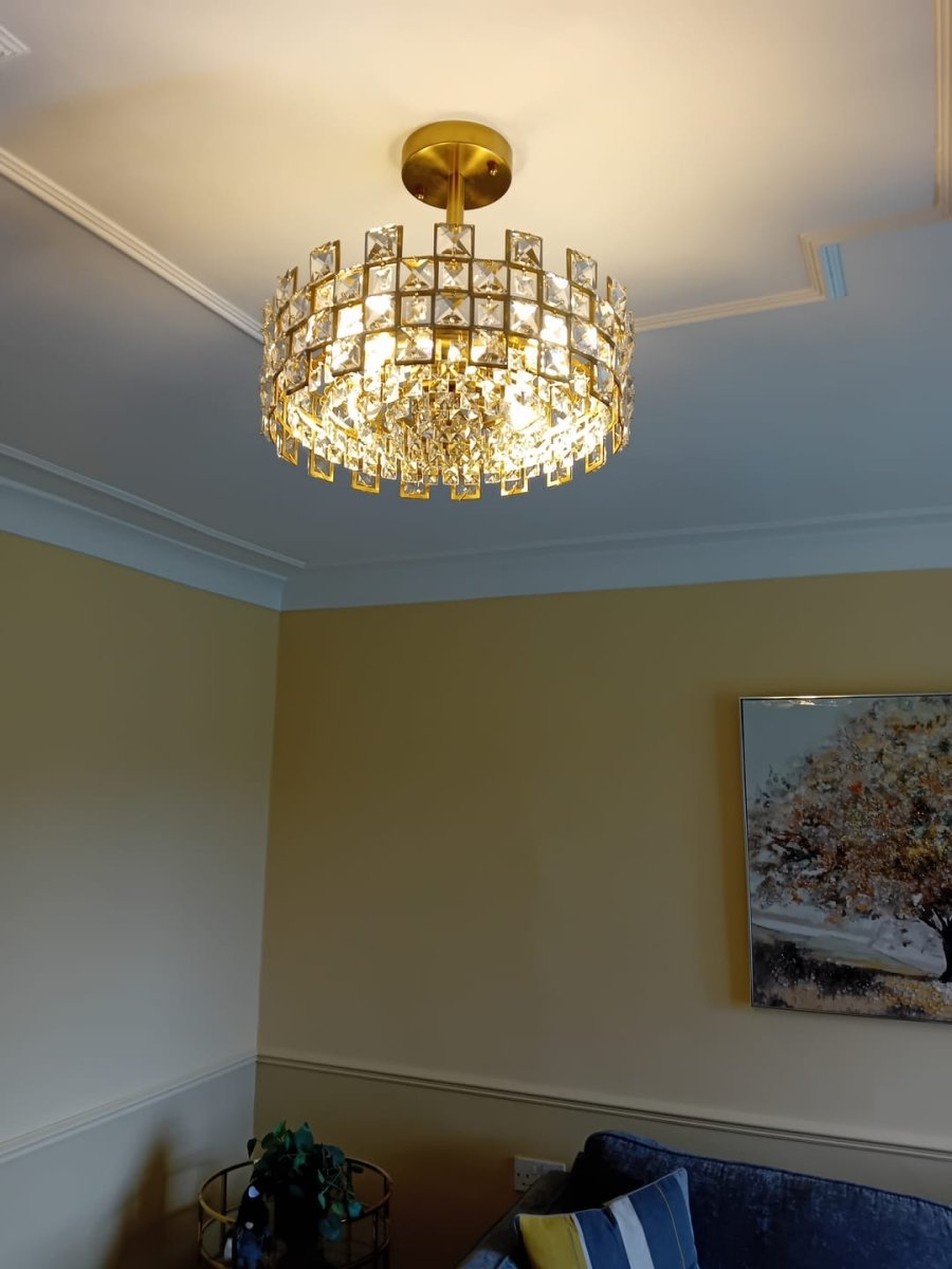 Lámpara de techo con tambor de cristal, 4 luces, acabado en latón cromado, regulable para sala de estar