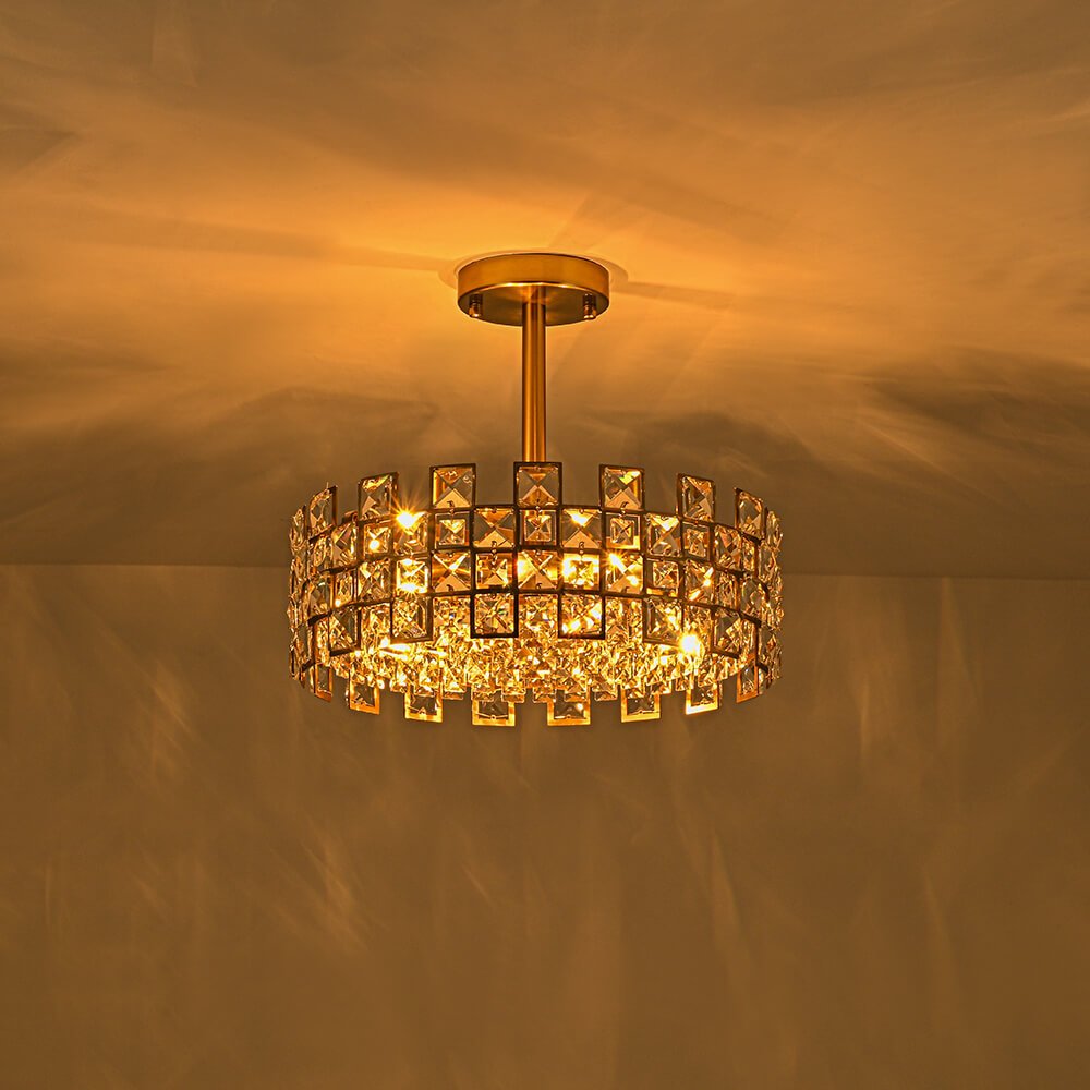 Lámpara de techo con tambor de cristal, 4 luces, acabado en latón cromado, regulable para sala de estar