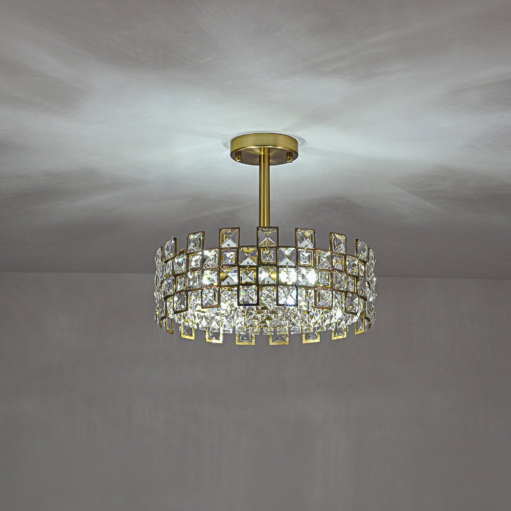 Lámpara de techo con tambor de cristal, 4 luces, acabado en latón cromado, regulable para sala de estar