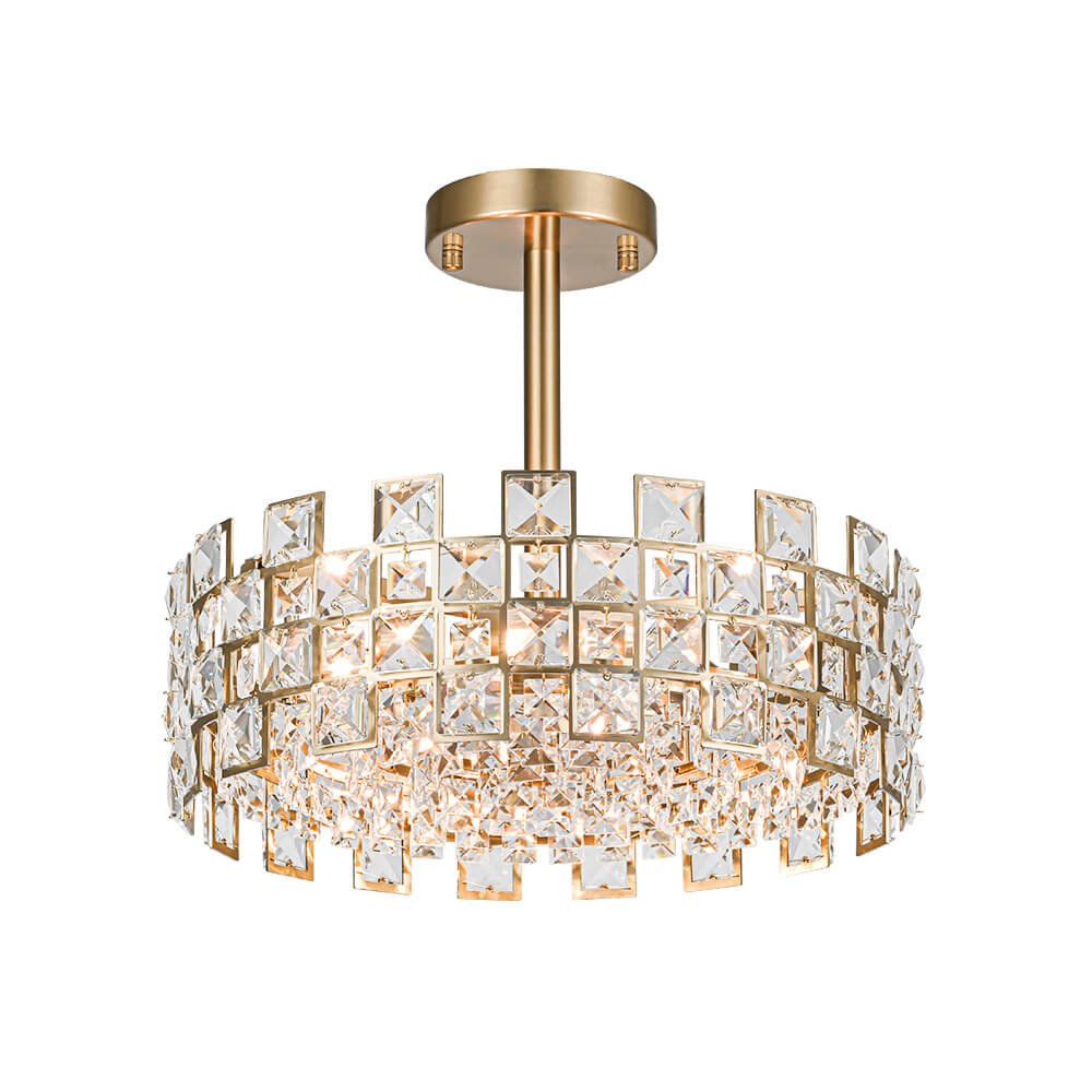 Lámpara de techo con tambor de cristal, 4 luces, acabado en latón cromado, regulable para sala de estar