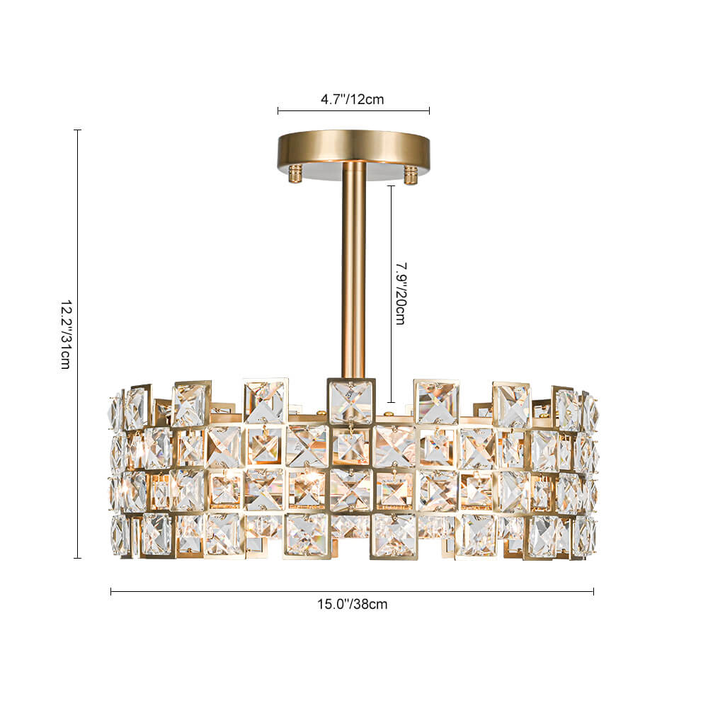 Lámpara de techo con tambor de cristal, 4 luces, acabado en latón cromado, regulable para sala de estar