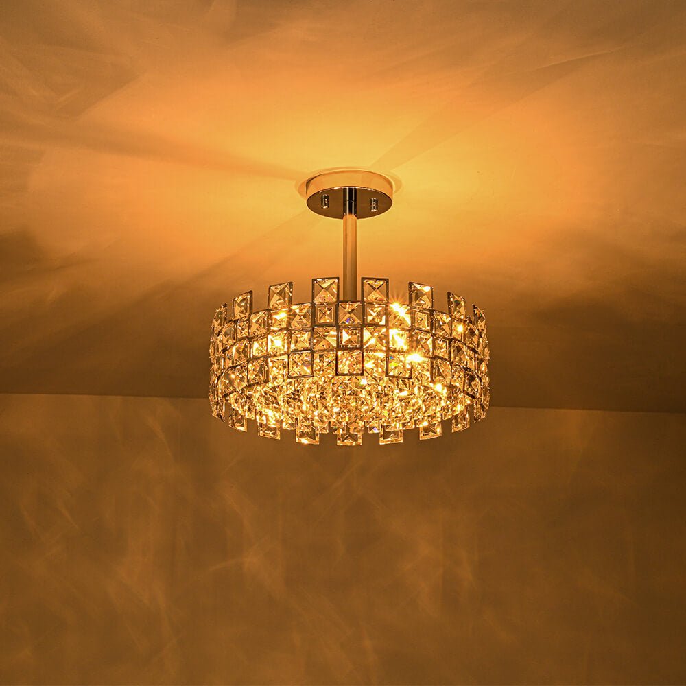 Lámpara de techo con tambor de cristal, 4 luces, acabado en latón cromado, regulable para sala de estar