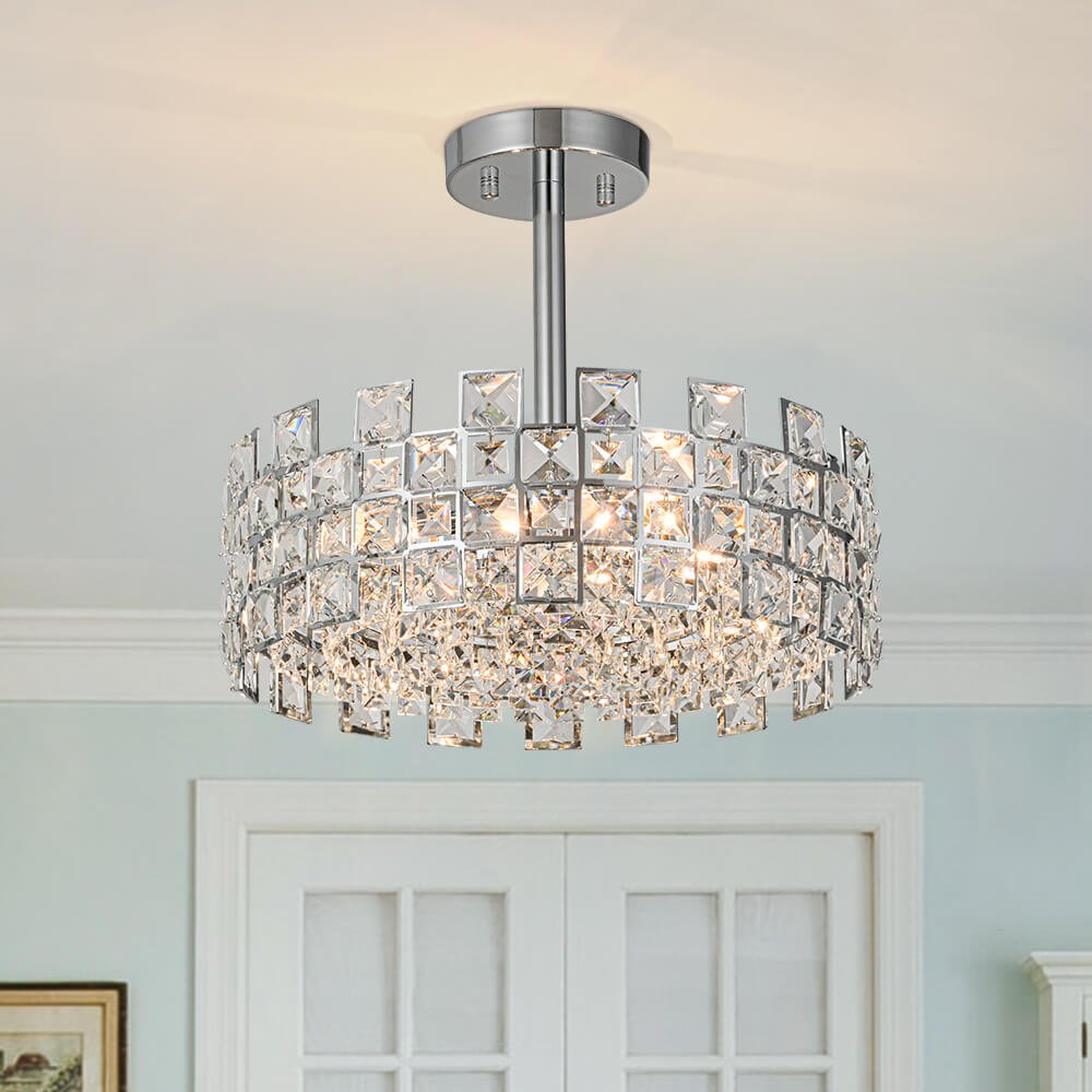 Lámpara de techo con tambor de cristal, 4 luces, acabado en latón cromado, regulable para sala de estar