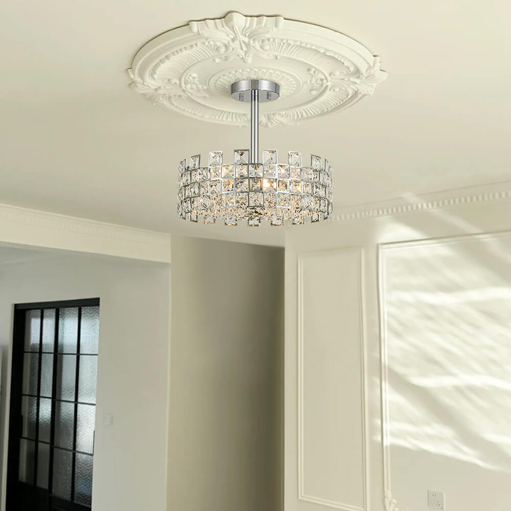 Lámpara de techo con tambor de cristal, 4 luces, acabado en latón cromado, regulable para sala de estar