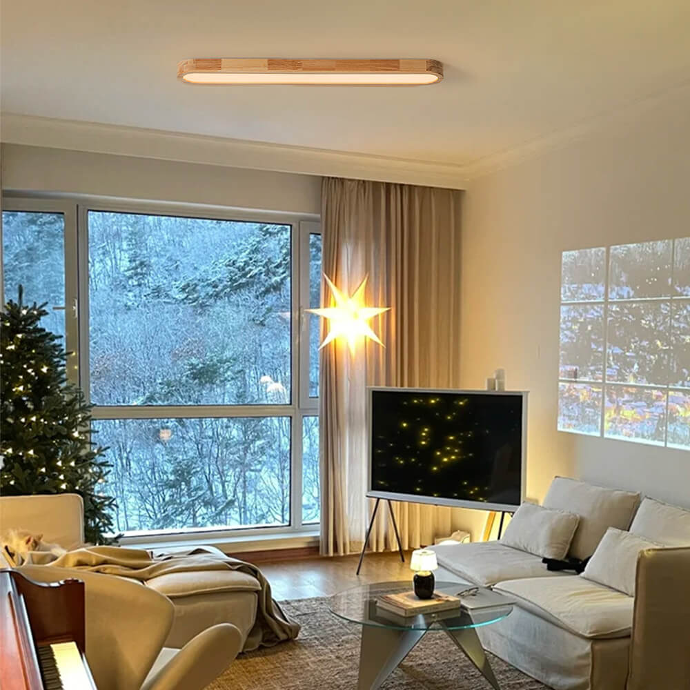 Oválné stropní LED světlo s dřevěným vzhledem, stmívatelné s dálkovým ovládáním, 95 cm, moderní do kuchyně a obývacího pokoje