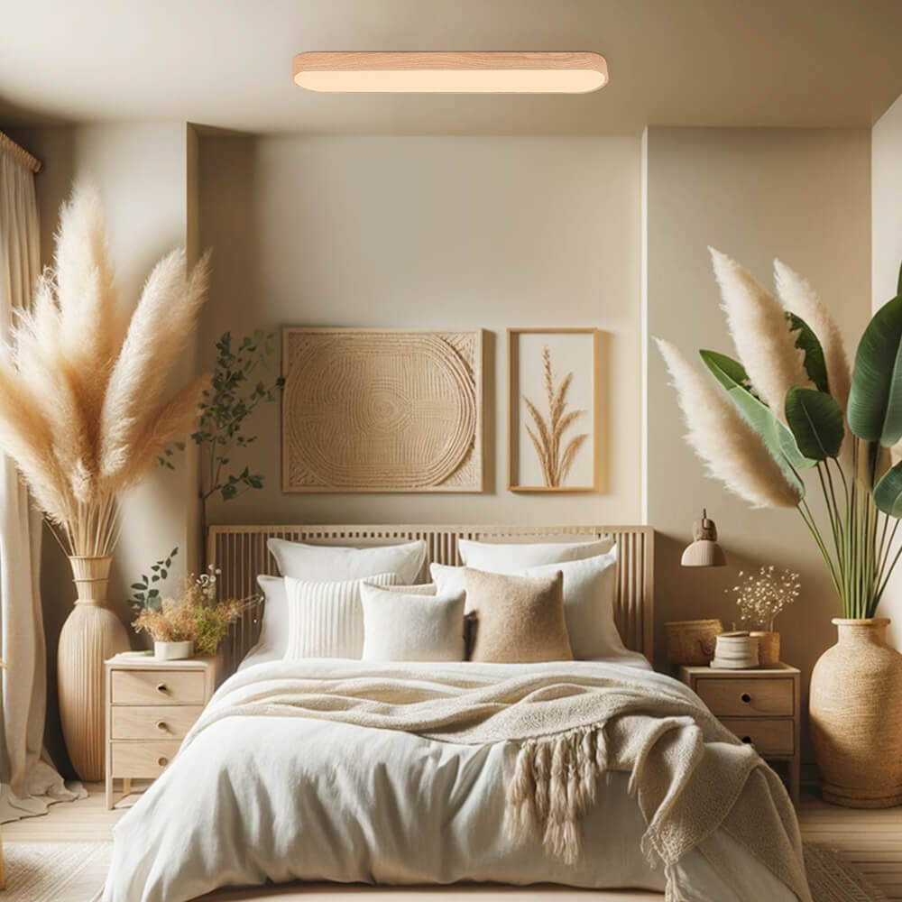 Oválné LED stropní světlo s dřevěným dekorem, kovový rám, 65-90 cm, teplá nebo studená bílá