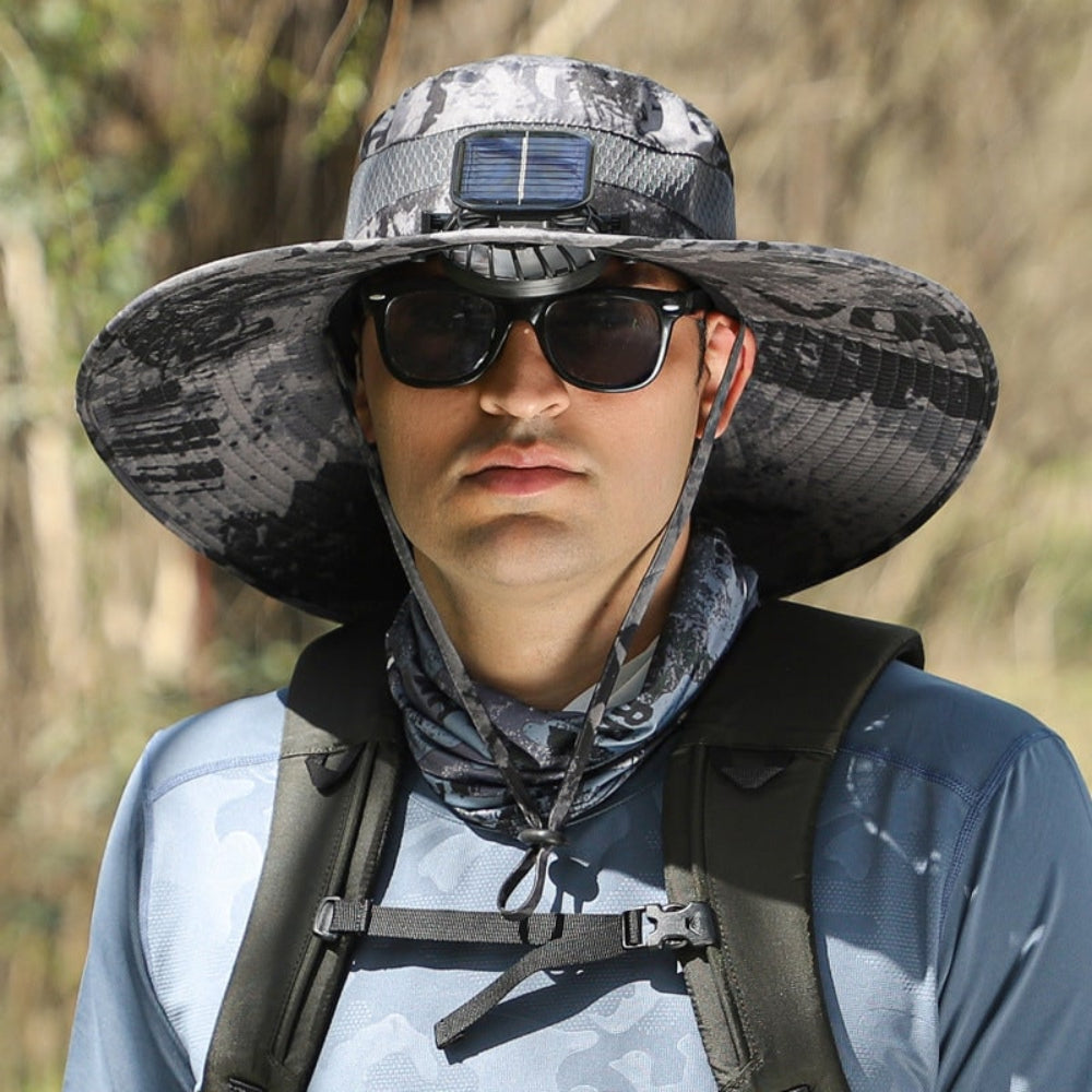 Solar-USB-Hut mit eingebautem Ventilator und breiter Krempe zum Angeln