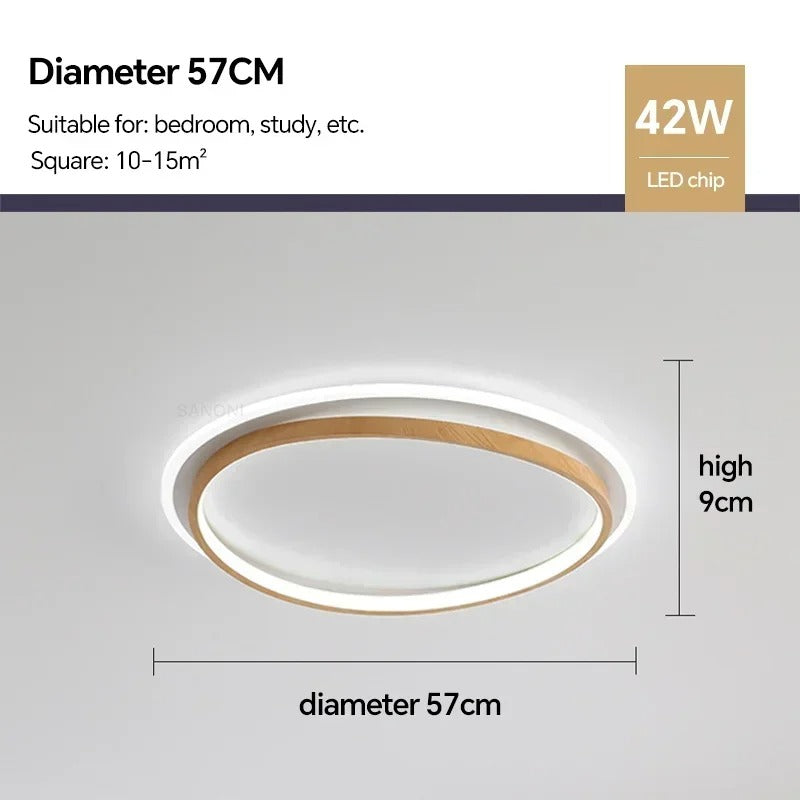 Plafonnier LED avec design rond en noyer et or