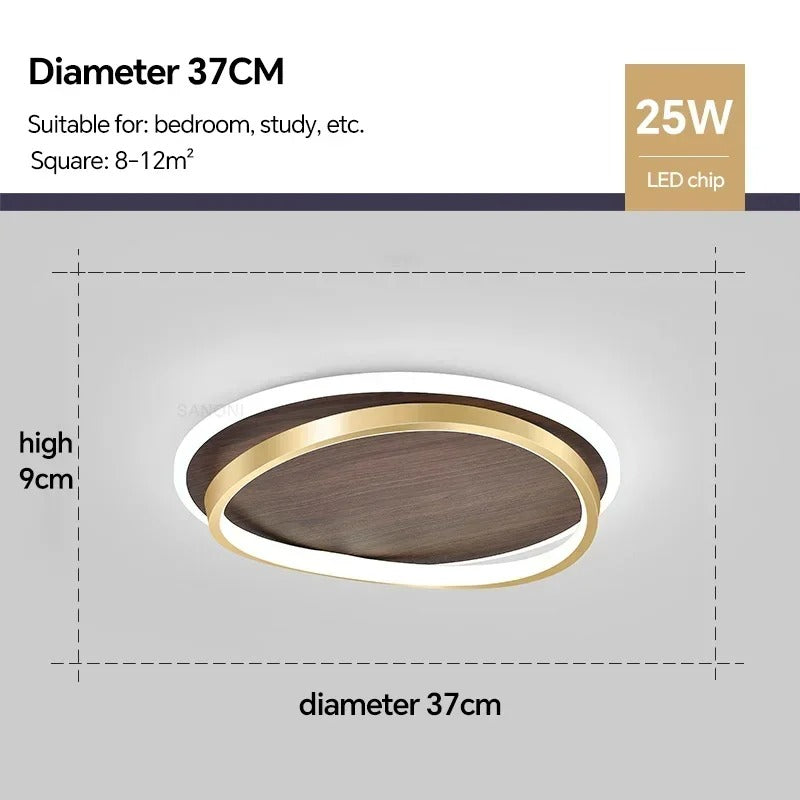 Plafonnier LED avec design rond en noyer et or