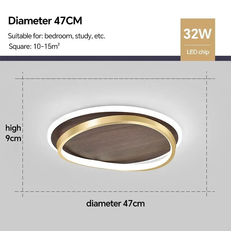 Plafonnier LED avec design rond en noyer et or