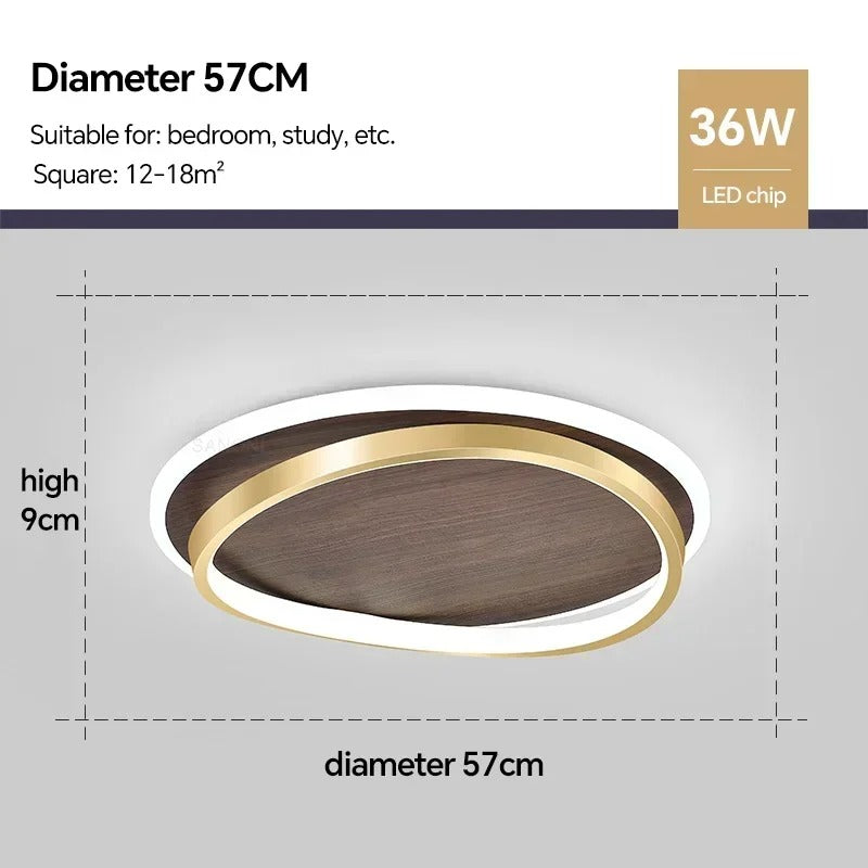 Plafonnier LED avec design rond en noyer et or